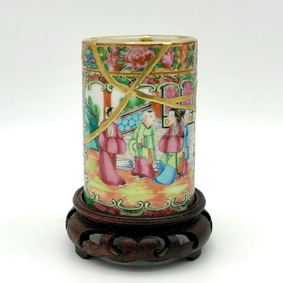 Kintsugi Brush Pot Chinese Famille Rose Cup Gold Crack Art Personal Growth Gift - Picture 10 of 17
